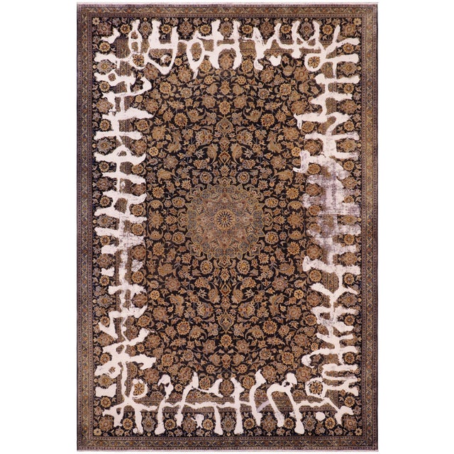 No Pile Persian Blue/Gold Wool Rug - 7'7'' X 11'1'' For Sale - Image 10 of 10