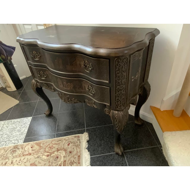 20th century chinoiserie dresser. Two drawer, cabriole legs. Beautiful painted pastoral scene, leathered crackle faux finish.