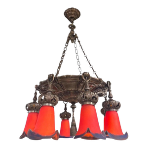 1900 Caldwell Silver Chandelier With Red Flowers Glass Shades 8 Lights