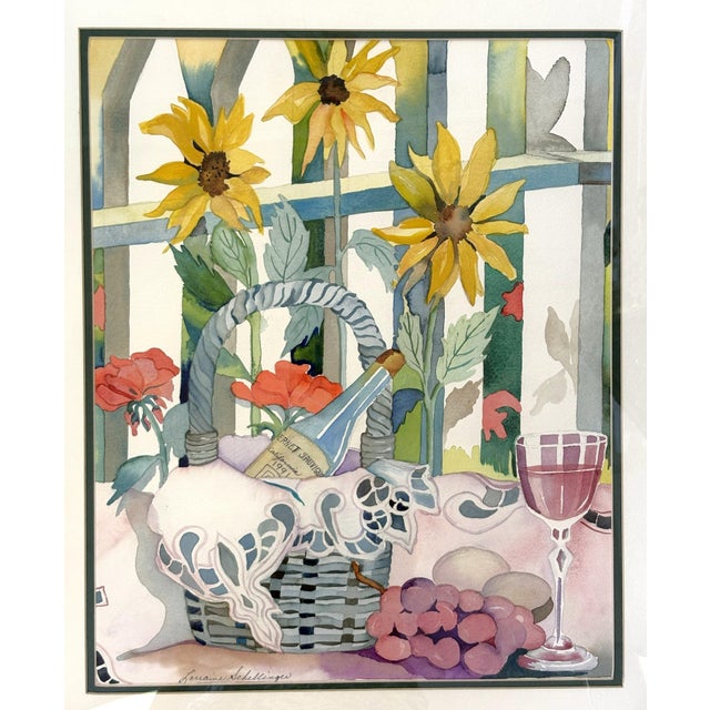 Paint Original Signed and Framed Watercolor Painting 'Afternoon Cabernet' by Lorraine Schellinger C1990's For Sale - Image 7 of 15