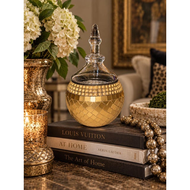 Hollywood Regency Gold Mosaic Glass Lidded Decorative Jar For Sale - Image 10 of 10