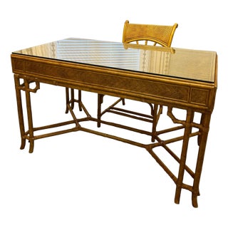 Rattan Midcentury British Colonial Campaign Style Desk & Chair Set For Sale