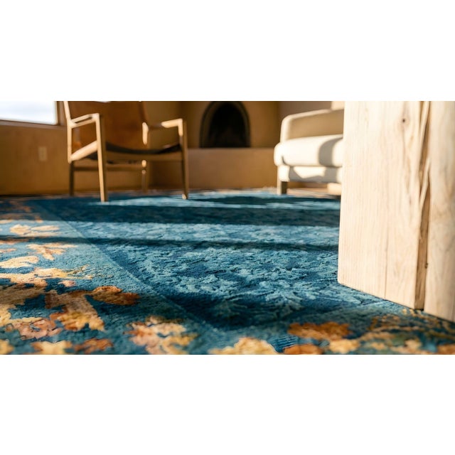 Royal Blue Vibrant Blue Color With Gold Figurative Borders Antique Chinese Peking Rug For Sale - Image 8 of 10