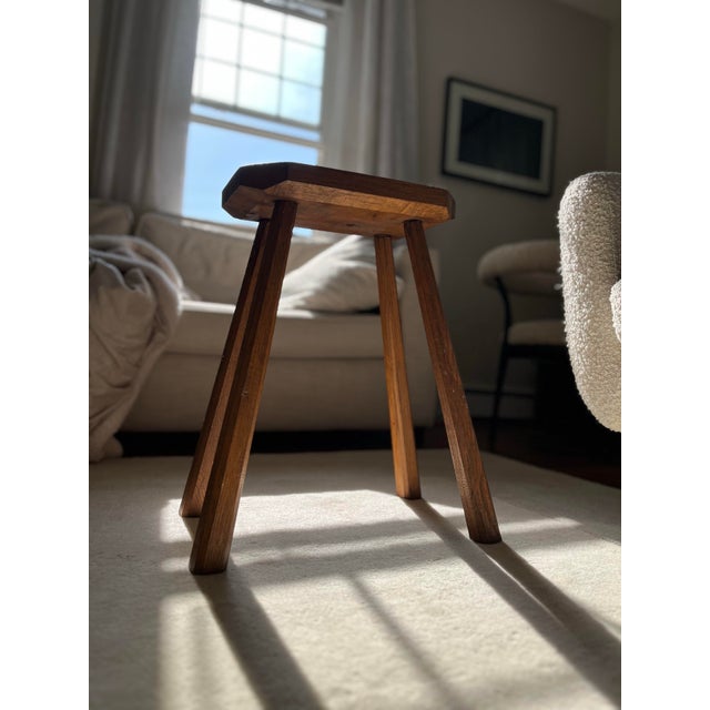 Vintage authentic French tall elm stool. Beautiful original condition. H: 20” W: 13” Bottom leg W: 17”