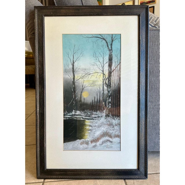 Early antique 20th century tonalist winter snowy pastel landscape painting by Lori Gergens. Framed and matted. Painting...