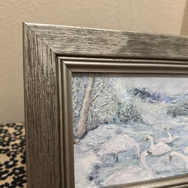 Mid-Century Impressionist Winter Landscape Painting of Swans in Frame For Sale In New Orleans - Image 6 of 8