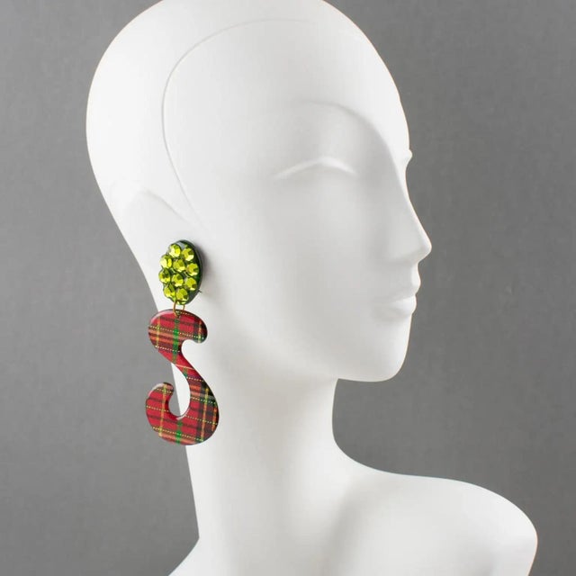 Glass Jeweled Lucite Clip-on Earrings with Scottish Tartan Pattern For Sale - Image 7 of 8