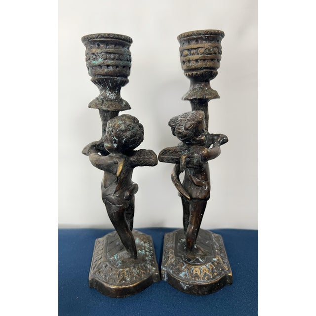 Metal Pair Vintage Maitland-Smith Cast Bronze Cherub Candlestick Holders For Sale - Image 7 of 8