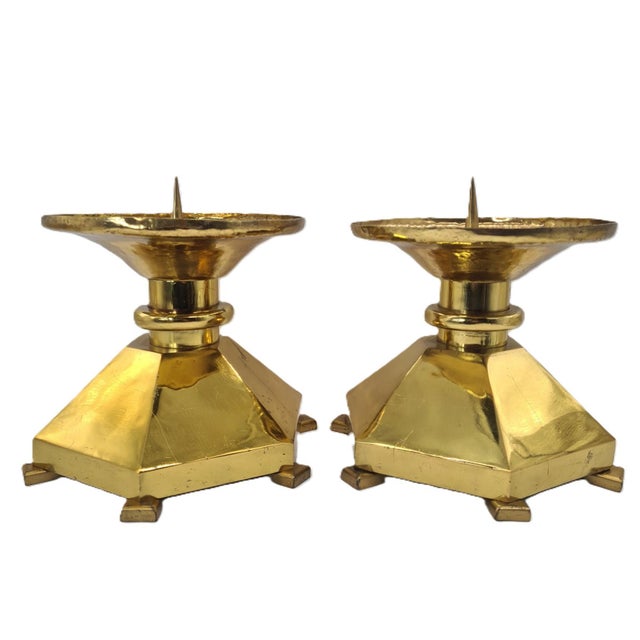 Large Brutalist Brass Candlesticks, Europe, 1970s, Set of 2 For Sale - Image 11 of 11