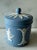Vintage Wedgwood Jasperware vanity jar or lidded pot, in the "Dancing Hours" pattern. Jasperware is a type of unglazed...