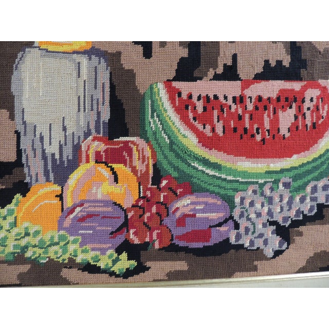 Vintage Brown & Red Framed Tapestry Still Life of Fruits. Gold wood frame No glass. Size: 23.5"W x 17.25"H x 2"D