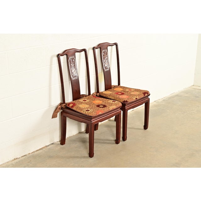 George Zee Antique Chinese Carved Rosewood Side Chairs or Dining Chairs With Mother of Pearl Inlay, Circa 1890s For Sale - Image 4 of 14