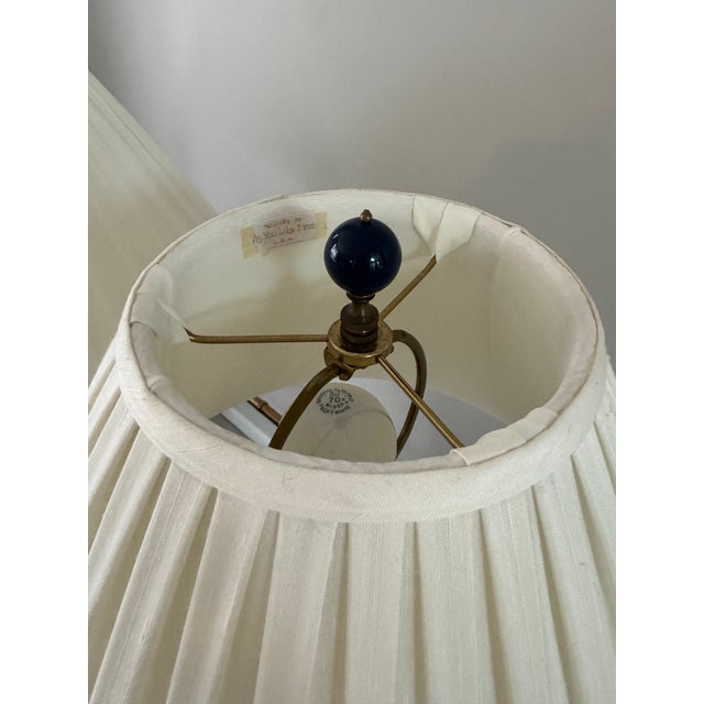 1980s Chinoiserie Hollywood Regency Blue and White Fishnet Table Lamps With Custom Fabric Shades - A Pair For Sale - Image 12 of 17