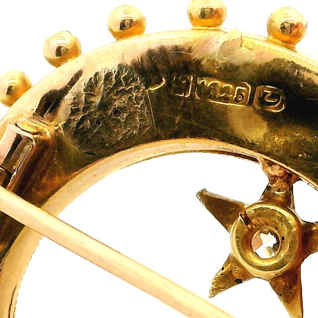 Late 19th Century Victorian 15k Gold Diamond Crescent Moon and Star Brooch For Sale - Image 10 of 13