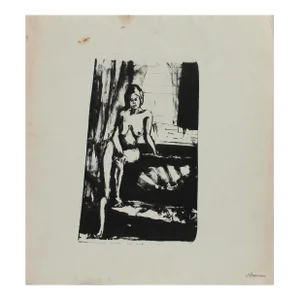 Nude Model Posing 1970s Lithograph