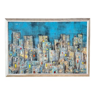 Original Leonardo Nierman Painting Arrabal Monumental 1958 Mid Century Modern Cityscape Oil on Leatherwood Masonite - 78” X 54” For Sale
