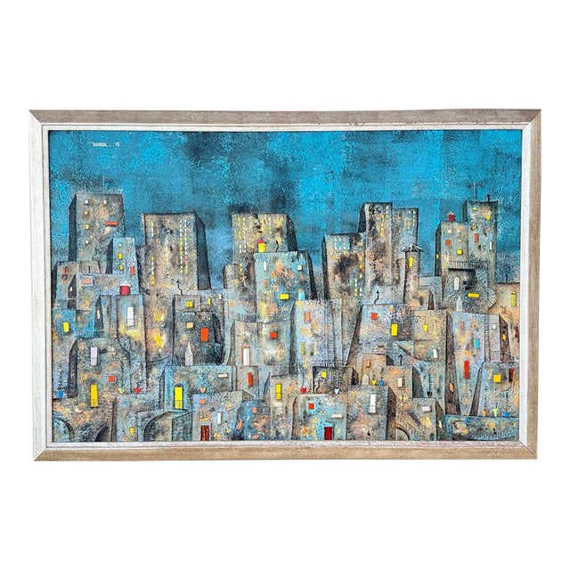 Original Leonardo Nierman Painting Arrabal Monumental 1958 Mid Century Modern Cityscape Oil on Leatherwood Masonite - 78” X 54” For Sale