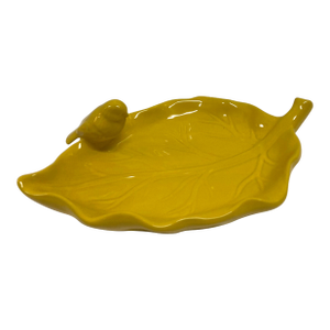 Yellow Glazed Ceramic Bird on Leaf Dish