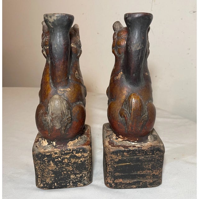 Antique Handmade Late Ming Dynasty 1600's Pottery Foo Lion Oil Lamps Sculptures For Sale - Image 9 of 13