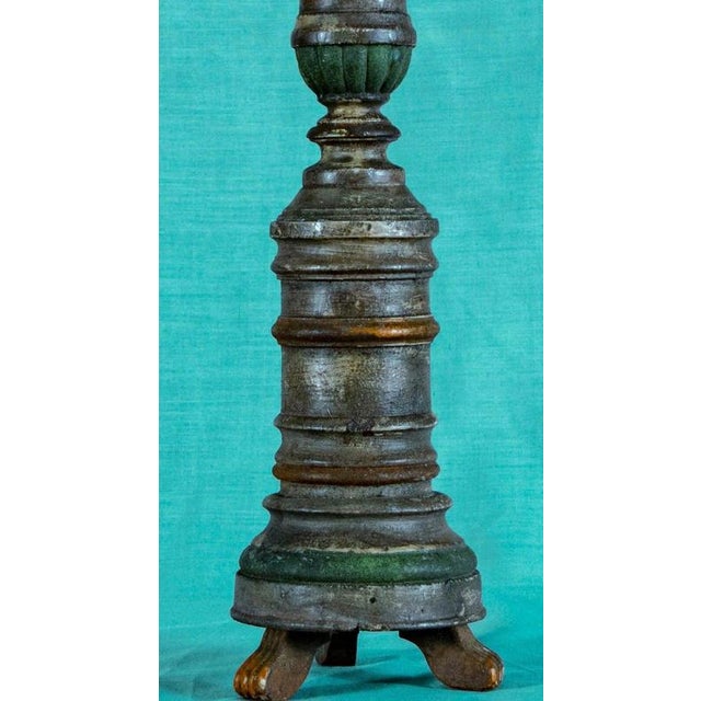 Gold Antique Polychrome Turned Wood Pricket Candlestick on Tripod Base For Sale - Image 8 of 12