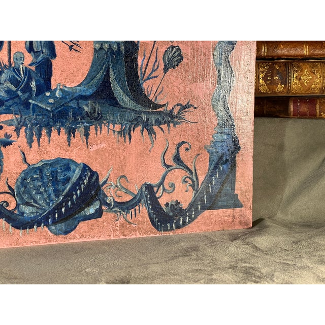French Chinoiserie Chic Style Blue on Pink Whimsical Oil on Wood Panel Painting For Sale In Palm Springs - Image 6 of 12