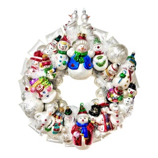 One-of-a-Kind Christmas Wreath With Vintage Blown Glass Snowman Ornaments For Sale