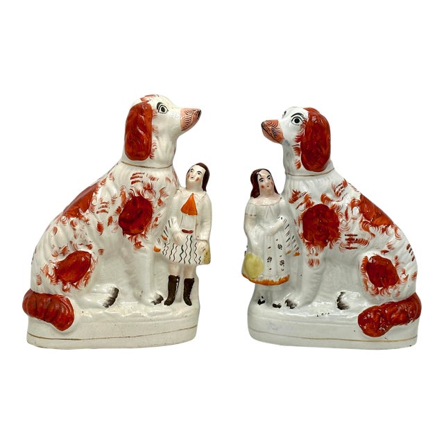 A Very Unusual Pair of Large Size Antique English Staffordshire Pottery Dog Figures - Circa Mid 19th Century For Sale