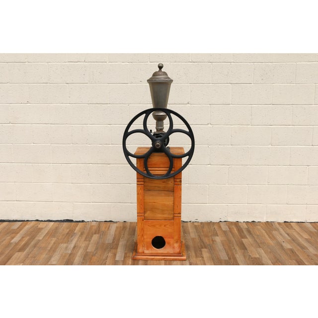 Antique Tall Standing Coffee Grinder | Cast Iron Wheel & Solid Pine Cabinet | Industrial Country Store Mill For Sale - Image 17 of 18