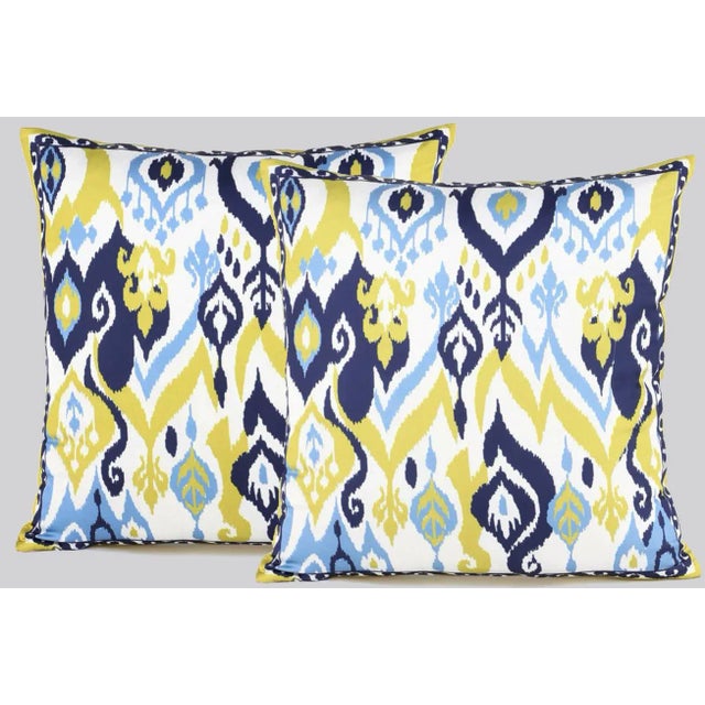 Textile Boho Chic Silk Ikat Ivory Blue Cushion Pillow - a Pair For Sale - Image 7 of 7