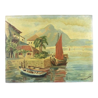 Signed Vintage Painting, Marina Sailboats, Mid-Century Nautical Art Fishing Boat For Sale