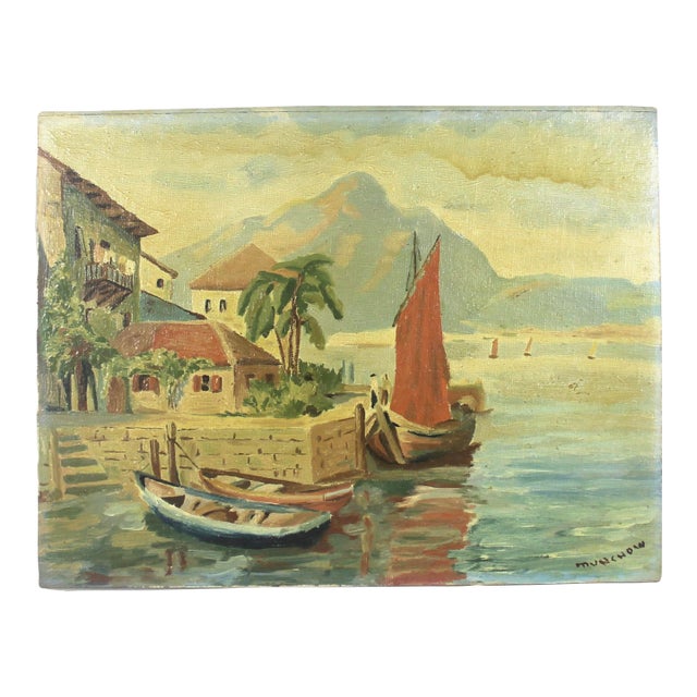 Signed Vintage Painting, Marina Sailboats, Mid-Century Nautical Art Fishing Boat For Sale