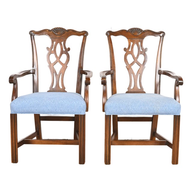 Drexel Heritage Georgian Carved Mahogany Armchairs or Dining Captain Chairs, Pair For Sale