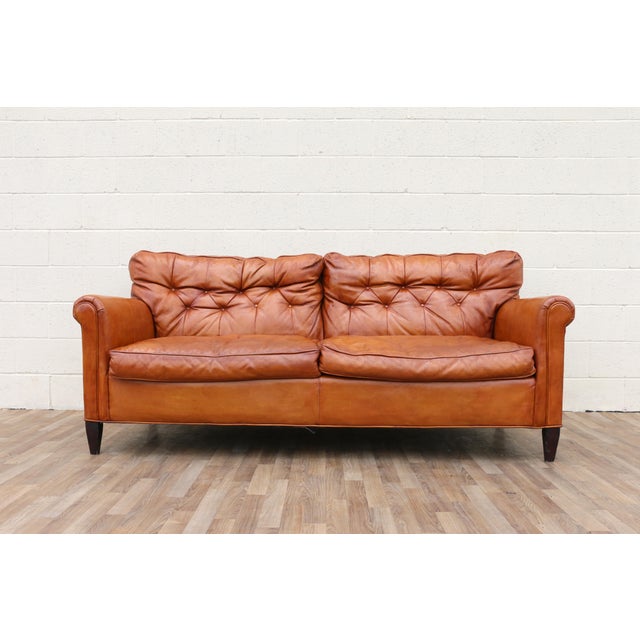 American Vintage 1970s Honey Tan Leather Sofa | Tufted Feather Cushion Sofa, American Mid-Century Lounge Seating For Sale - Image 3 of 18