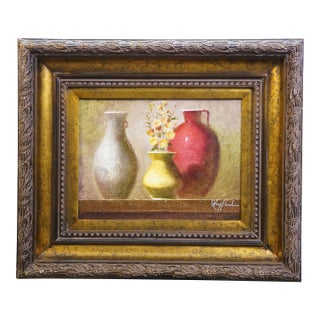 Late 20th Century Timeless Treasures Tuscan Flower Vase Mantel Urns Still Life Oil Painting 27" For Sale
