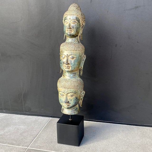 3 Buddha Heads on Base, 1800s For Sale - Image 4 of 12