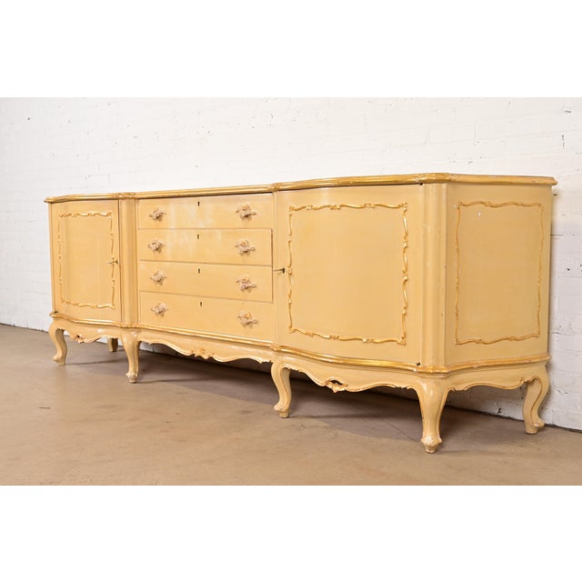 French Provincial Antique Italian Louis XV Cream Lacquered and Gold Gilt Monumental Sideboard Credenza, Circa 1940s For Sale - Image 3 of 15