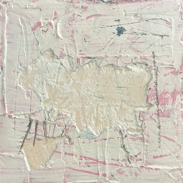 Acrylic, lightweight spackle, pencil, and paint stick on cradled wood panel, 12 x 12 x .75. Edges painted white, back...