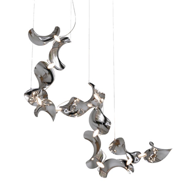 Dune 12 Spiral Chandelier with Silver Hand Polished Shades by Daniel Becker for Moss Objects For Sale