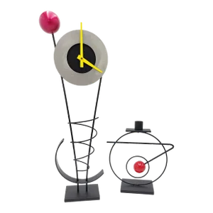 1990s Rick Martin Pop Art Memphis Style Clock & Candle Holder - Set of 2