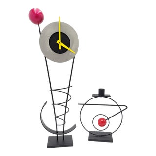 Rick Martin Modern Memphis Pop Art Steel Clock & Candleholder Sculpture Set For Sale