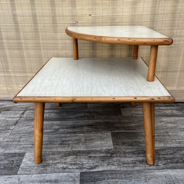 Mid Century Modern Two Tiered Rattan Corner Table. C 1950s For Sale - Image 4 of 12