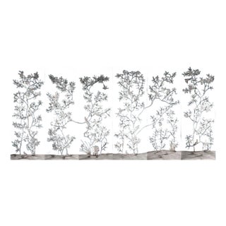 Custom Hand-Painted Mural | Chinoiserie Navy Floral Tree Bird Wallpaper Covering For Sale