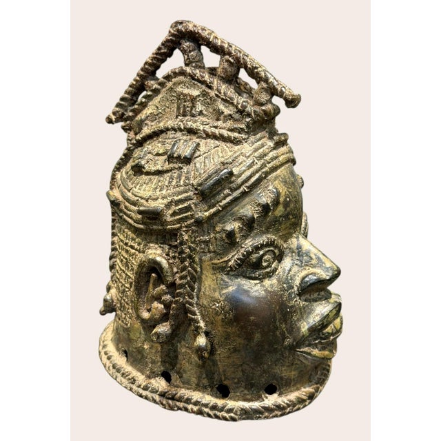 Late 20th Century Vintage African Benin Edo Style Cast Brass Bronze Ceremonial Head Sculpture 7.5" For Sale - Image 5 of 15