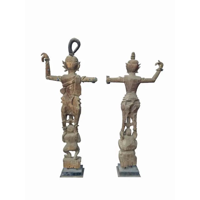 Life-Sized Burmese Wooden Teak Nat Statue Spirit Guardians Pair, Early 20th Century For Sale - Image 16 of 17