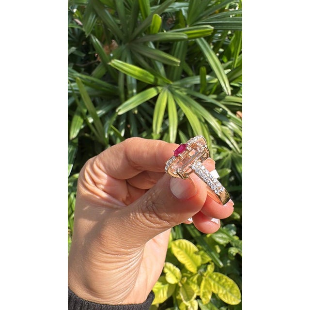 Set in 18k Rose Gold, Morganite, Mozambique Ruby & Diamonds Engagement Ring, Us Size 6.75 For Sale - Image 4 of 10