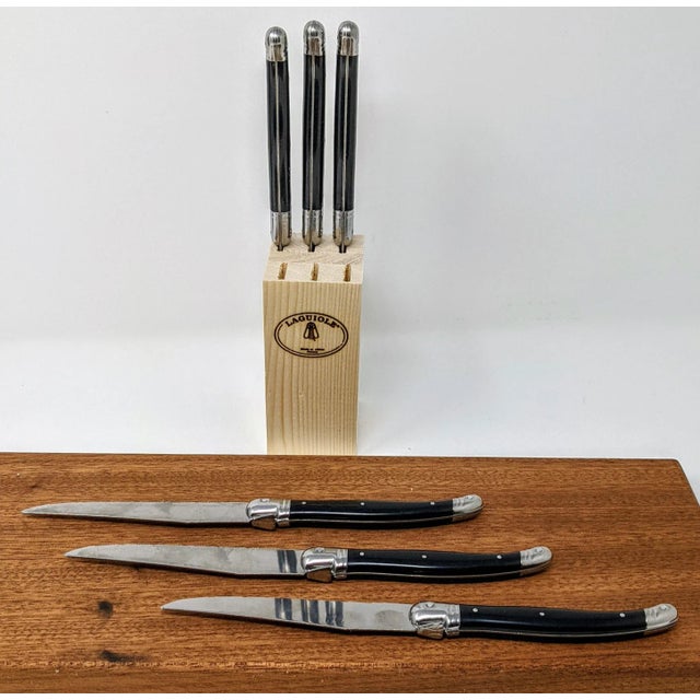 Black French Modern Jean Dubost Laguiole Handmade Stainless Steel and Ebony Black Resin Steak Knives - Set of 6 For Sale - Image 8 of 13