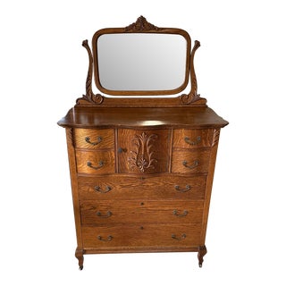 1900s Antique Tiger Oak Bonnet Chest Dresser With Mirror, Serpentine Edges and Wood Appliqués For Sale