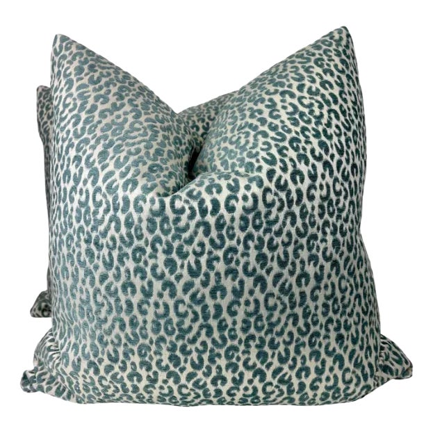 Pair of Velvet Aqua Cheetah Pillows For Sale