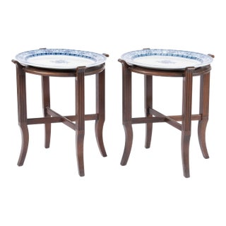 Antique Cauldon English Platters With Wooden Stands- a Pair For Sale