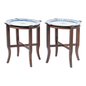 Antique Cauldon English Platters With Wooden Stands- a Pair